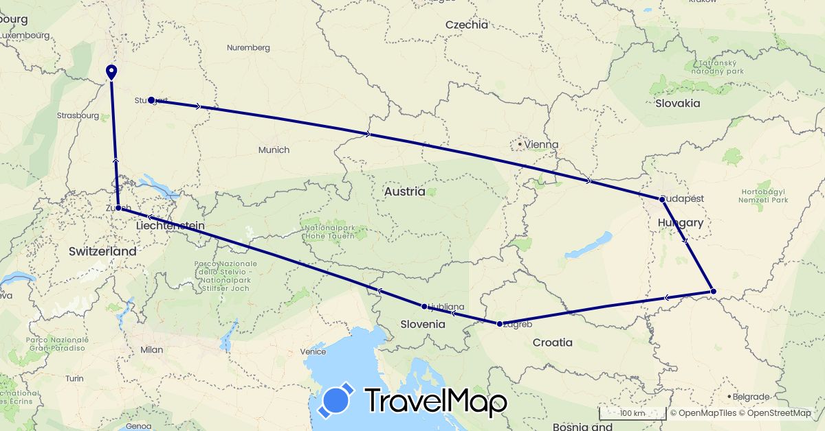TravelMap itinerary: driving in Switzerland, Germany, Croatia, Hungary, Slovenia (Europe)